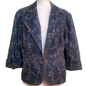 Adrianna Papell vtg cotton blend cream leaf embroidery collared denim jacket 14